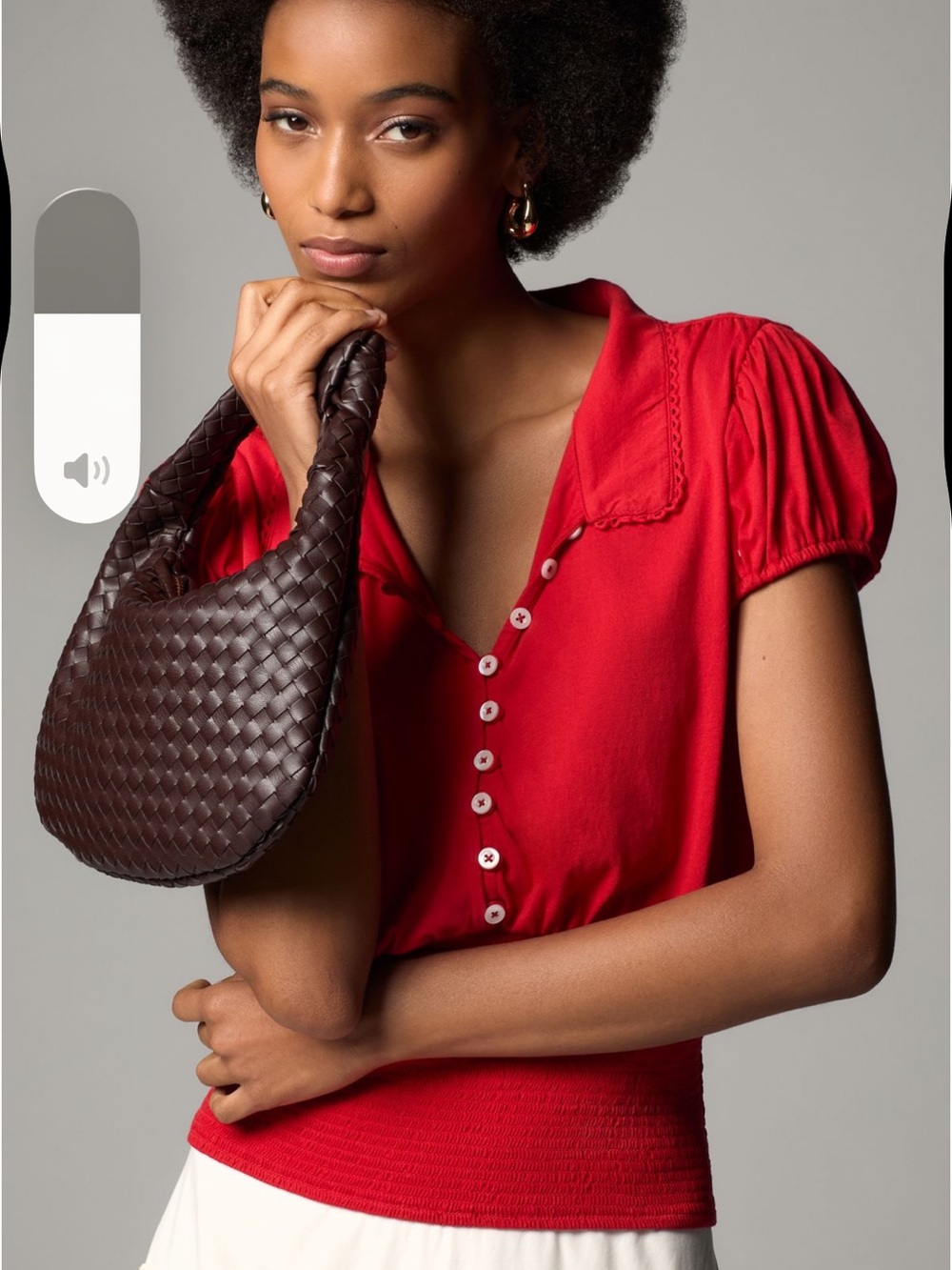 Red Puff-Sleeve Button down Maeve Anthropologie smocked waist top blouse S - Picture 4 of 4